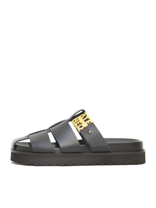 Leather Women's Flat Sandals in Black Color