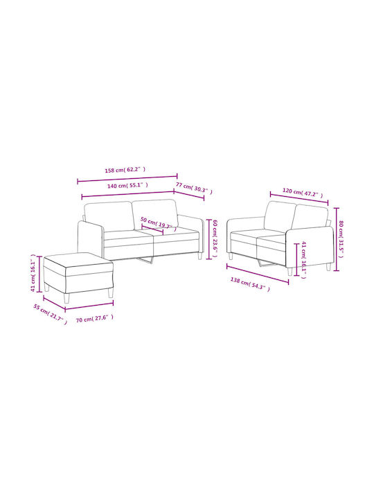Vidaxl Wohnzimmer-Set 3-teilig Rosa Samt 138x77x80cm Zweisitzer Rosa
