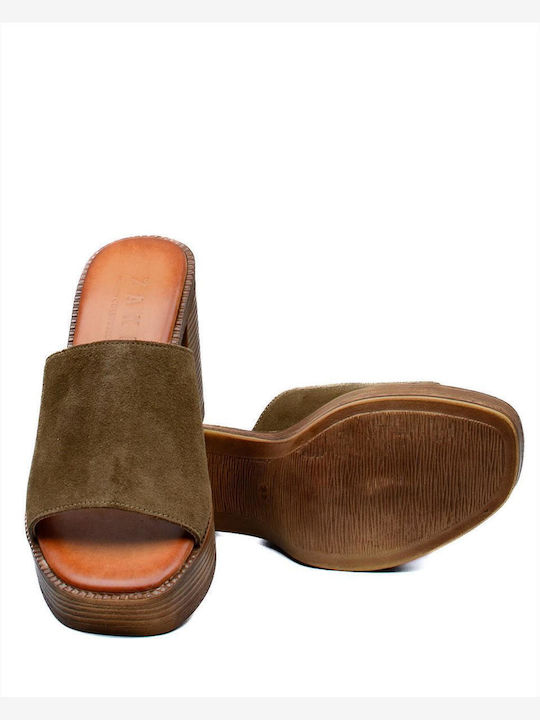 Leather Mules with Heel in Green Color