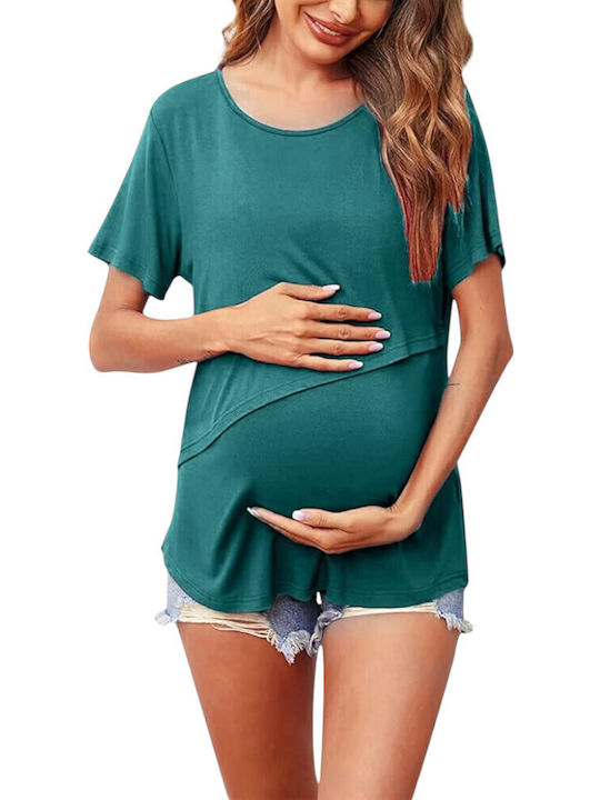 Petrol Short Sleeve Asymmetrical Nursing-Maternity Top Round Neck Summer 2025 Queen Mother