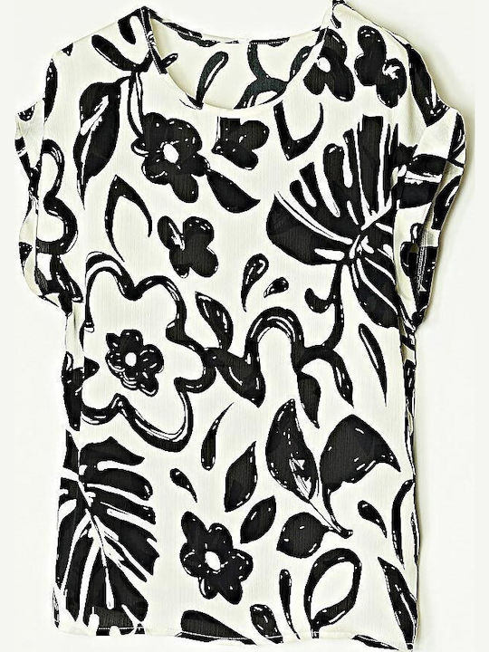 Women's Blouse Satin Floral Black and white