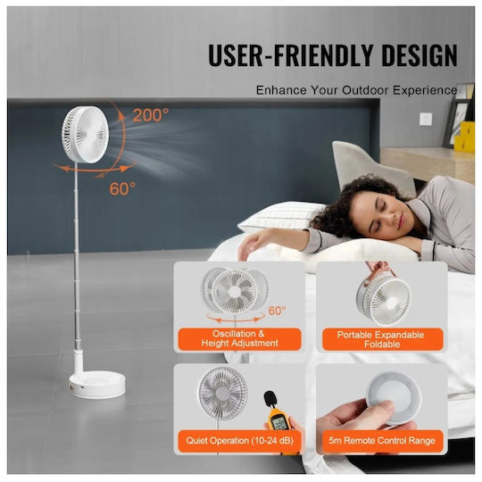 Ventilator Portabil Reglabil Încărcare USB 4 Viteze Înălțime Reglabilă 9,5cm-102cm Metal Plastic Ultra Silențios Alb