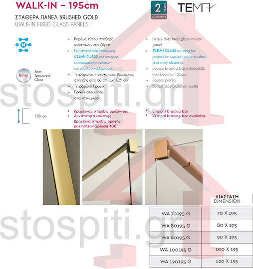 Tema Fixed Side for Shower 100x195cm Clear Glass Oro