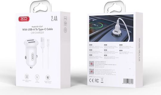 XO Φορτιστής Αυτοκινήτου 12W 2.4A με Θύρες: 2xUSB μαζί με Καλώδιο Type-C Λευκό Χρώμα