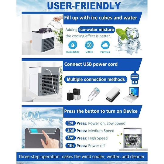 Mini Portable Air Conditioner 3 Cooling Functions Ambient Light Water Ice Plastic Gray White