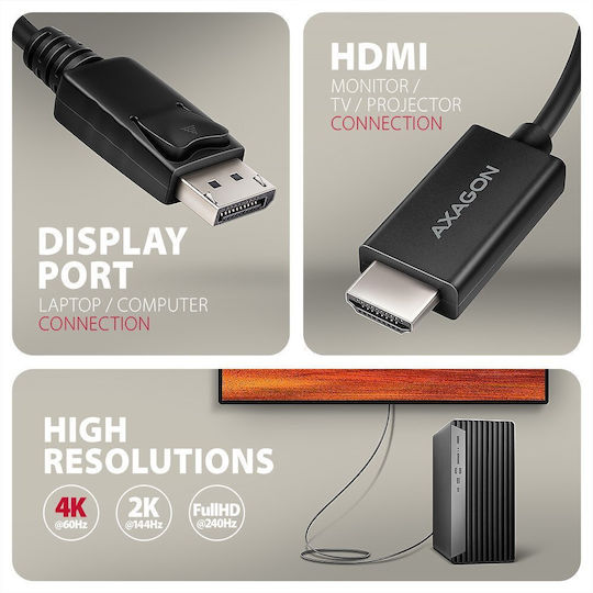 Axagon Кабел DisplayPort мъжки - HDMI мъжки 1.8м Черен