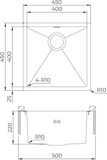 Helika Helika Enna Υποκαθήμενος Νεροχύτης Inox Μ45xΠ45cm Ασημί