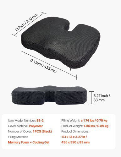 Vevor Seat Cushion with Memory Foam 43.5x33x8.3cm Black LYDCGZDHMNJ0V30SJ001V0