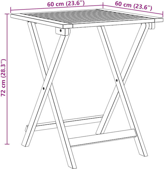Outdoor Dinner Foldable Wood Table Natural 60x60x72cm