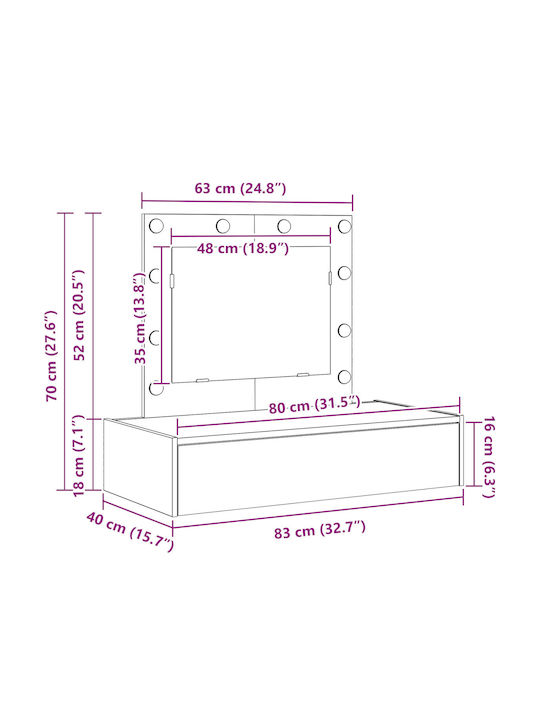 Wandmontierte Schminktisch aus Massivholz Braune Eiche mit Spiegel 40x40x70cm