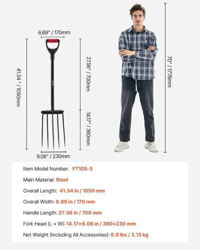Vevor Vevor Garden Pitchfork with Handle 5 Teeth