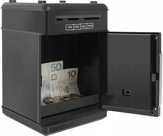 Cutie de Bani Electronic Atm Safe pentru Copii likesmart Safebank Lumină Sunete Deschidere cu Pin Ușă Deschisă Alertă Negru