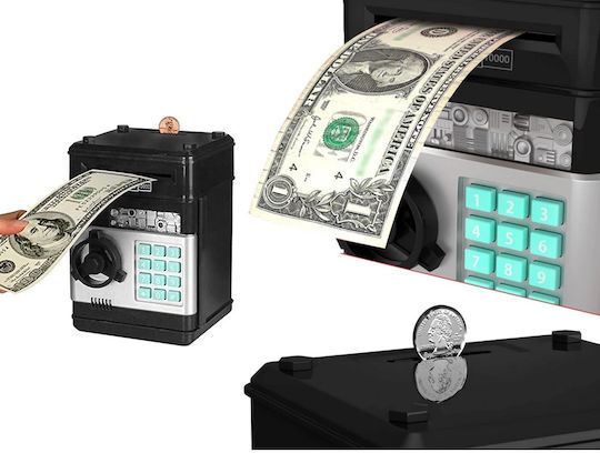 Cutie de Bani Electronic Atm Safe pentru Copii likesmart Safebank Lumină Sunete Deschidere cu Pin Ușă Deschisă Alertă Negru