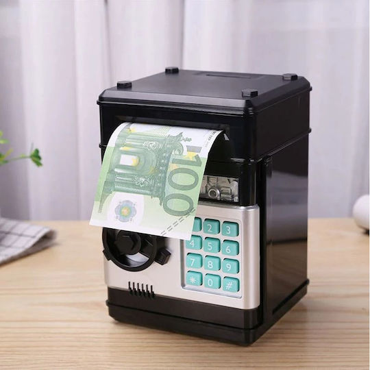 Cutie de Bani Electronic Atm Safe pentru Copii likesmart Safebank Lumină Sunete Deschidere cu Pin Ușă Deschisă Alertă Negru