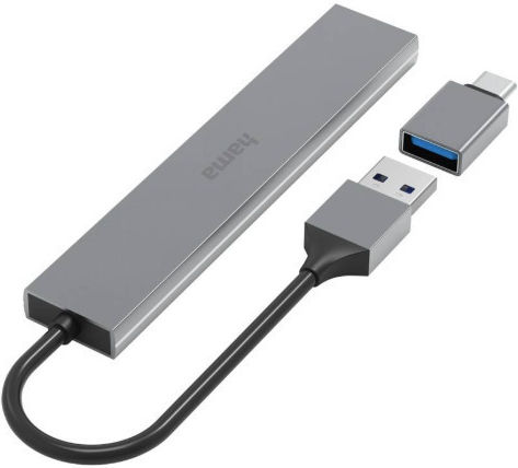 HAMA 200141 USB Hub with 4 USB 3.0 Ports with USB-A / USB-C Connection Grey