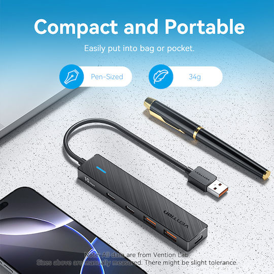 Vention USB 3.2 Хъб 5 порта с връзка USB-A и Зарядно Порт Черен