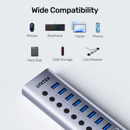 Unitek USB Hub 8 Ports USB 3.0 with Connecting to a Computer USB-C / USB-A