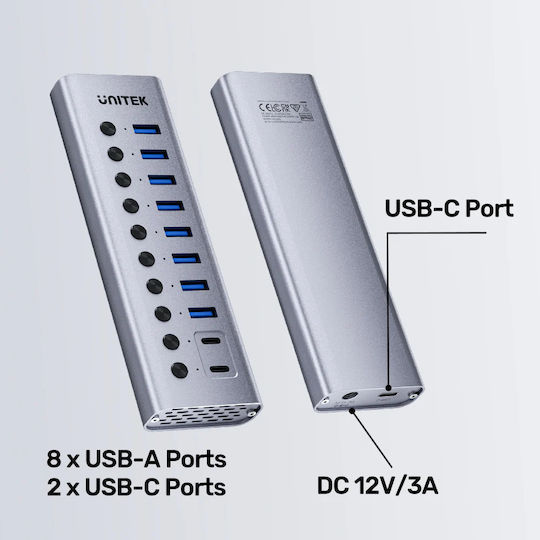 Unitek USB Hub 8 Ports USB 3.0 with Connecting to a Computer USB-C / USB-A