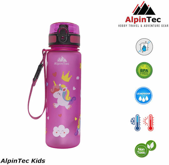 AlpinPro Kids Water Bottle Unicorn Plastic with Straw Non Spill Pink 500ml