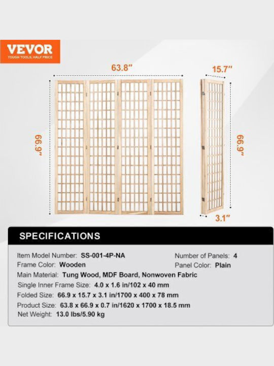Vevor Διακοσμητικό Παραβάν Ξύλινο 162x170cm