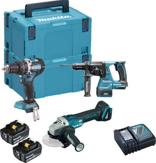 Makita DLX3196JX1 Σετ Γωνιακός Τροχός, Δραπανοκατσάβιδο & Πιστολέτο με 2 Μπαταρίες 2Ah και Θήκη