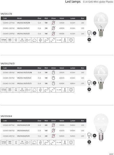 VK Lighting LED Bulb 9W 89mm for Socket E14 and Shape G45 Warm White 806lm
