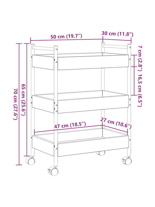 vidaXL Wooden Kitchen Trolley 3 Tiers Brown 50x30x70cm