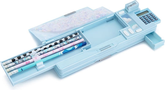 Yolo Retro Magnetic Pencil Case with Calculator Light Blue