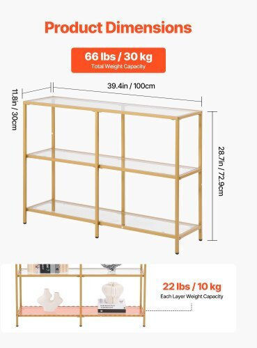 Console Table Metal with Glass Surface Golden L100xW30xH72.9cm