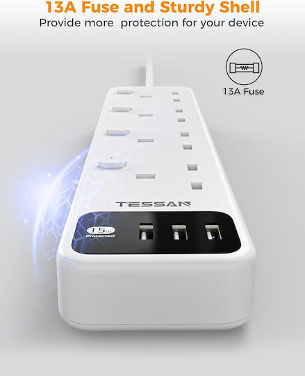 Tessan Πολύπριζο 7 Θέσεων με 3 USB-A, Διακόπτη και Καλώδιο 2m