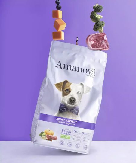 Amanova Exigent 2kg Trockenfutter mit wenig Getreide für erwachsene Hunde mit Hirsche, Brauner Reis, Apfel, Kürbis, Gemüse, Fleisch, Huhn, Kartoffeln, Reis und Pflaume