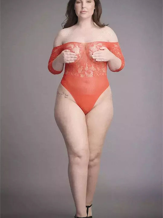 Κόκκινο Διχτυωτό Κορμάκι Διαμαντάκια Le Desir Presents Rhinestone Off Shoulder Bodysuit Plus Size Red