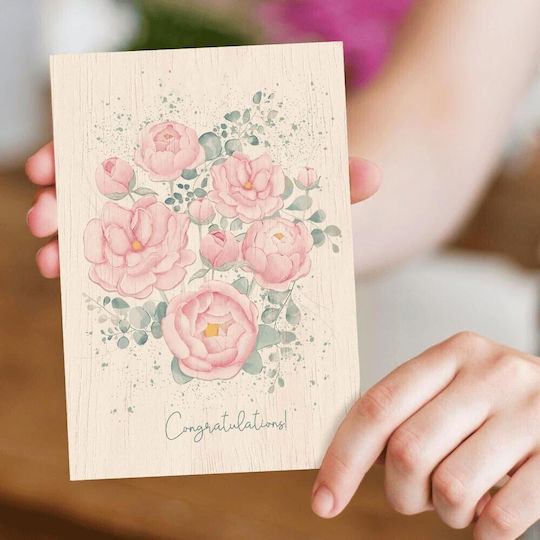 Wooden Greeting Card Cozywood Pink Peonies Atv393