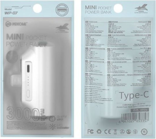 WK WP-07 USB-C Power Bank 3000mAh 10W Бял