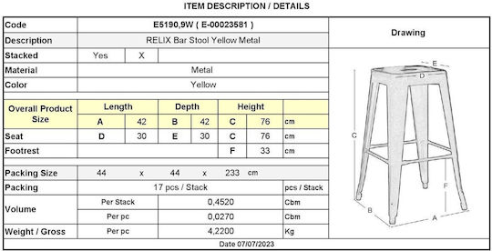 Metallischer Gartenhocker für Bar Außenbereich Relix Gelb 42x42x76cm E5190,9W