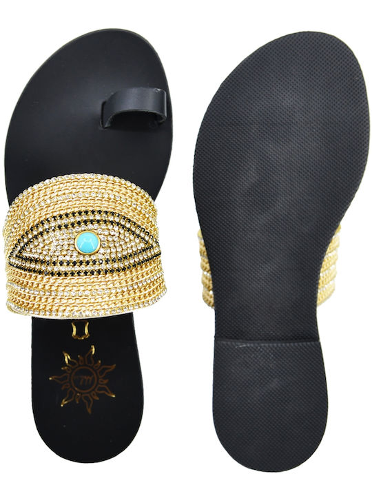 Leder Flache Sandalen für Damen Black/Gold