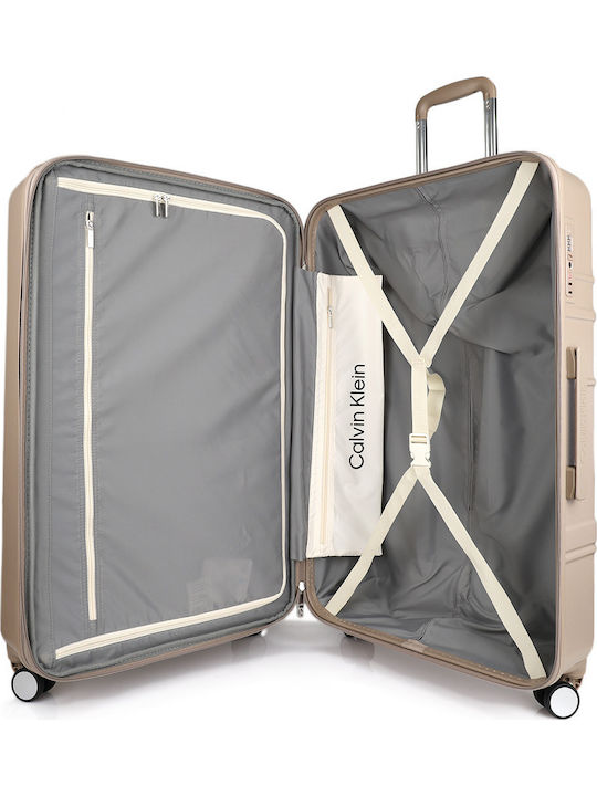 Calvin Klein New Light Μεγάλη Βαλίτσα Ταξιδίου Σκληρή Μπεζ με 4 Ρόδες