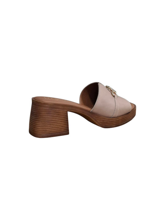 Leather Mules with High Heel in Brown Color