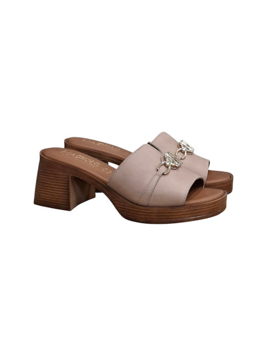 Leather Mules with High Heel in Brown Color
