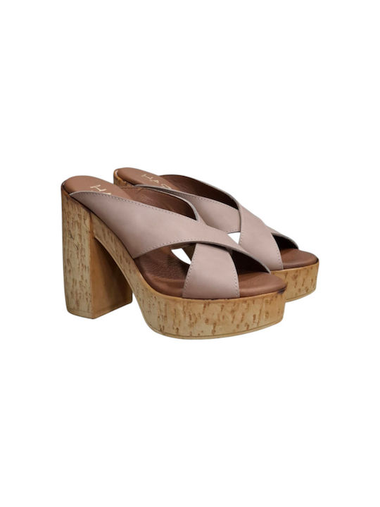 Leather Mules with High Heel in Brown Color