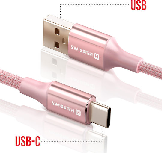 Swissten Usb To Usb-c Cable Design Braided Anti-kink Pink