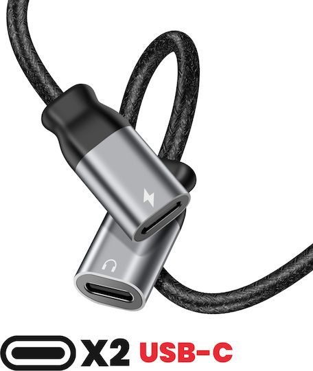 Swissten 2-in-1 Audio USB-C Charging Splitter Braided Nylon Anti-Knot Black