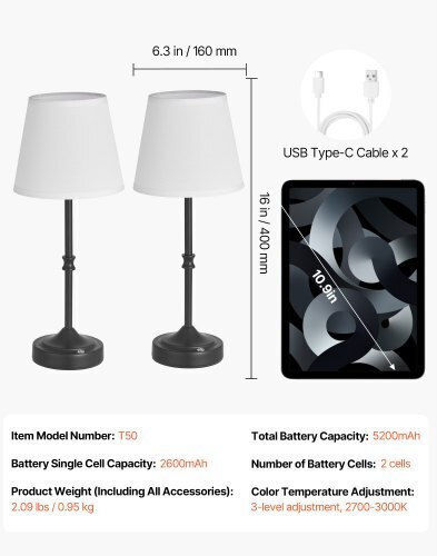 Vevor Fabric Table Lamp LED with White Shade and Black Base 2pcs