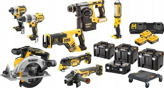 DEWALT Set Eckiges Rad & Kreissäge & Schlagbohrschrauber & Schlagschraubendreher & Multitool & Excavator & Stichsäge & Objektiv 18V mit 4 Batterien 5Ah und Hülle