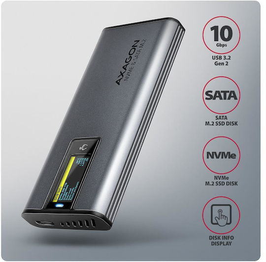 Axagon Θήκη για Σκληρό Δίσκο M.2 SATA III NVME με σύνδεση SATA USB 3.2 Type-C σε Γκρι χρώμα