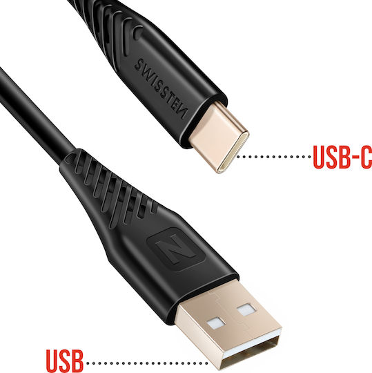 Swissten USB To USB-C 60W Силиконов Анти-Сплит Кабел Черен