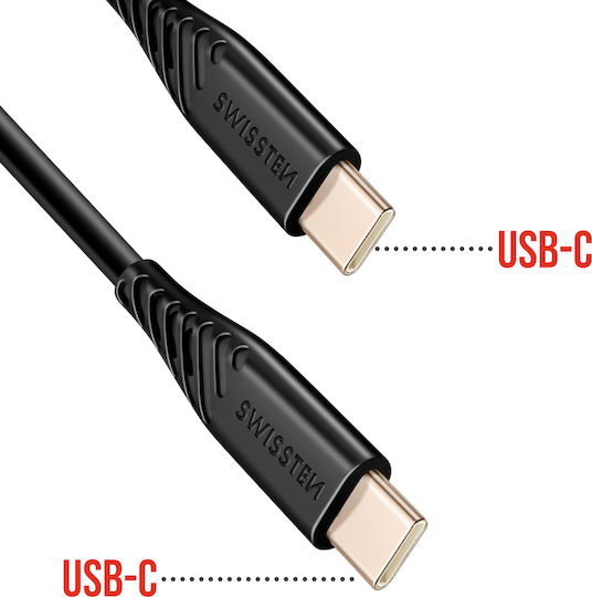 Swissten USB-C Мъжки Към USB-C Мъжки 60W Силиконов Анти-усукване Черен