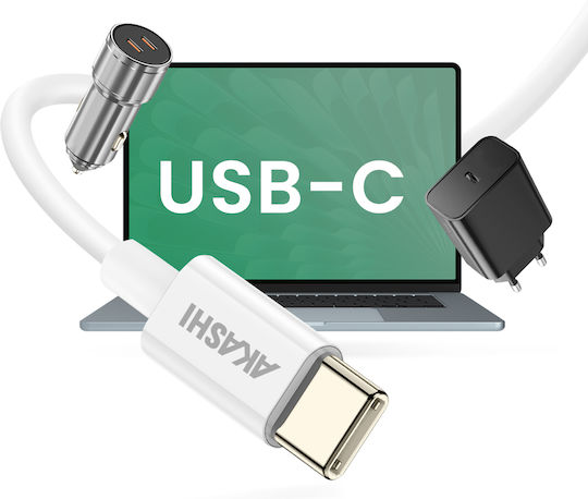 Akashi Екологичен 3-в-1 Usb-c Към Usb-c Micro-usb Lightning Кабел 1m Бял