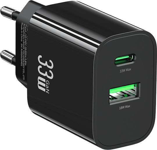 Usams Charger Without Cable GaN with USB-A Port and USB-C Port 33W Power Delivery Blacks (CC317 T65)