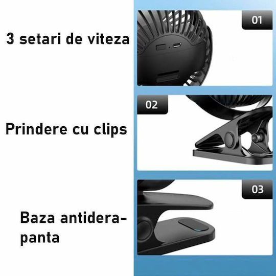 Siks Ventilator Portabil Cu Clip Pentru Birou Lounge Scaun Cărucior Reîncărcabil Baterie Usb Diametru 11 Cm 3 Viteze Negru